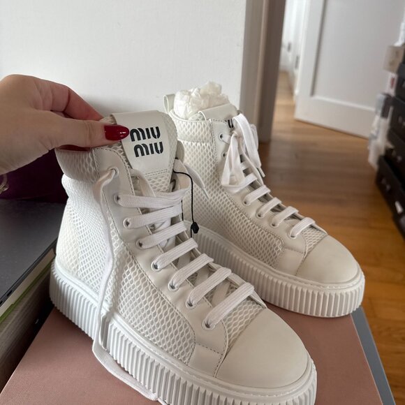 NWT Miu Miu Platform High Top Sneakers White Mesh Lace Up Sz 39 - Picture 3 of 8